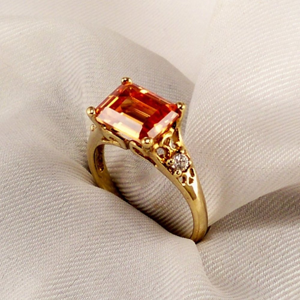 NEW Technibond Emerald Cut Amber Cubic Zirconia Gold Ring
